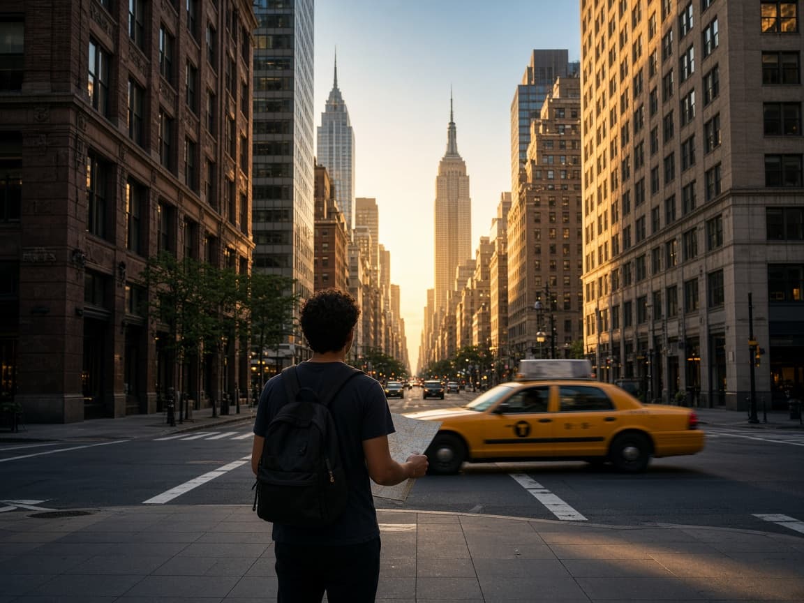 Viajero con mapa en una avenida de Manhattan mirando el Empire State al atardecer