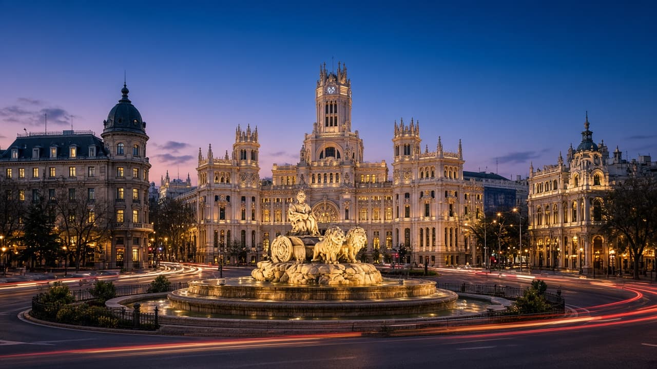 Palacio y fuente de Cibeles en Madrid al anochecer