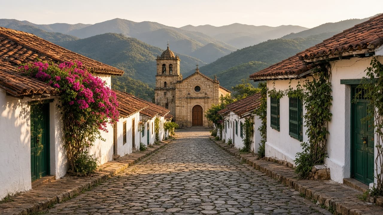 Calle empedrada de Barichara con casas blancas y techos de teja