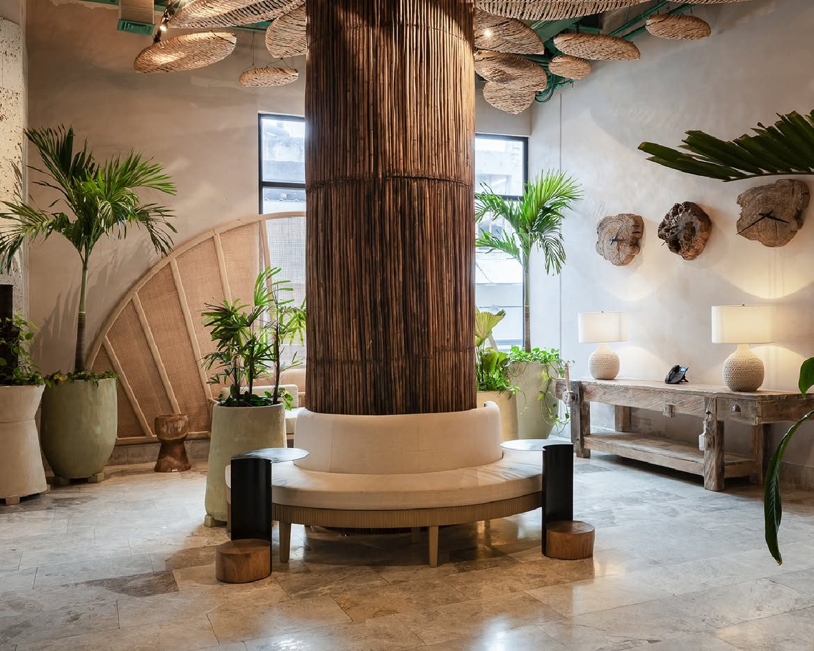 Lobby de Nattivo con columna de madera, plantas y sillas de fibra