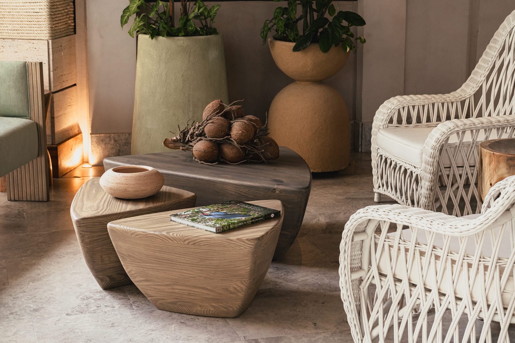 Sala de Nattivo con sillas blancas tejidas, cocos y plantas