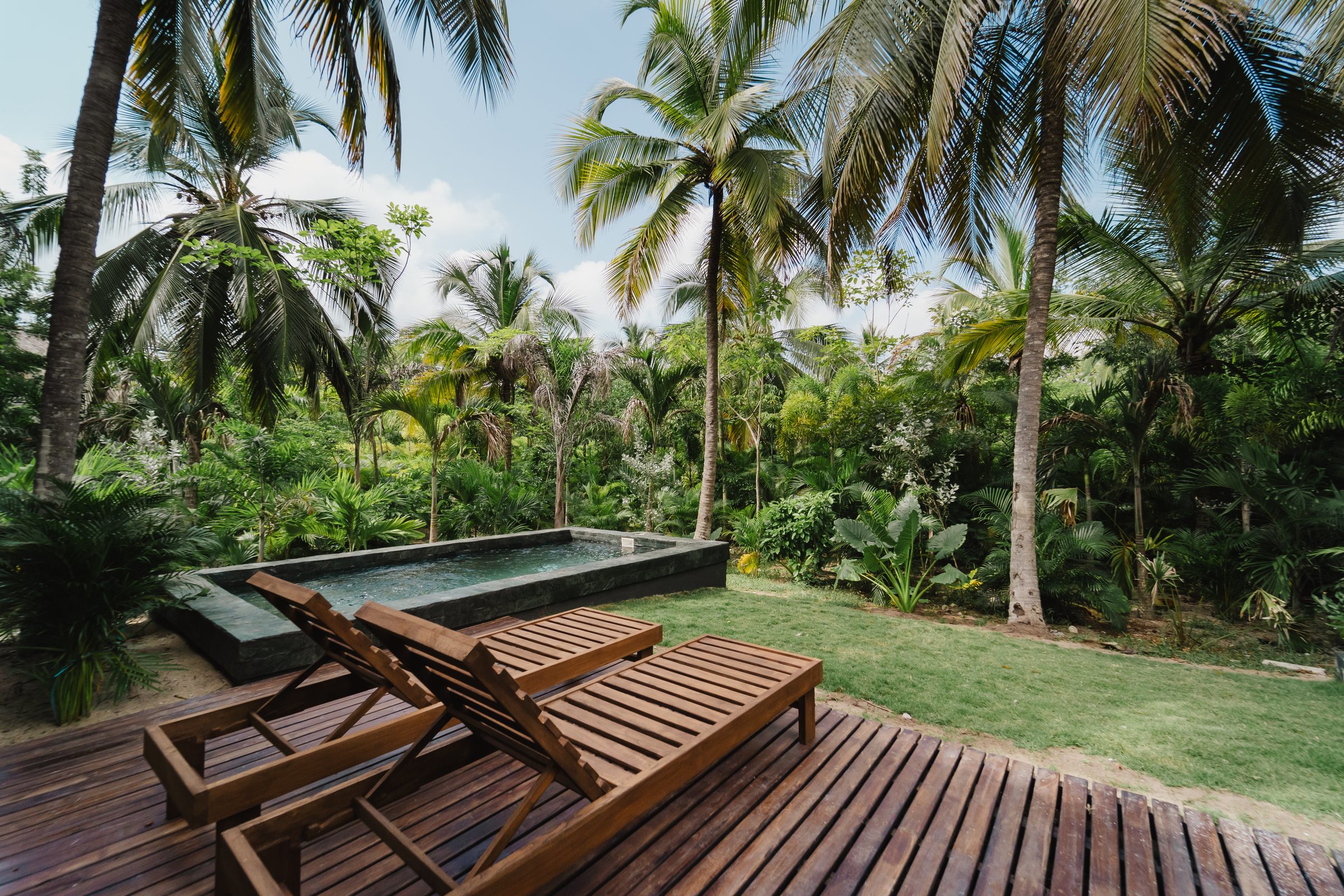 Villa de Naio con terraza de madera, piscina privada, jardín y palmeras en Palomino