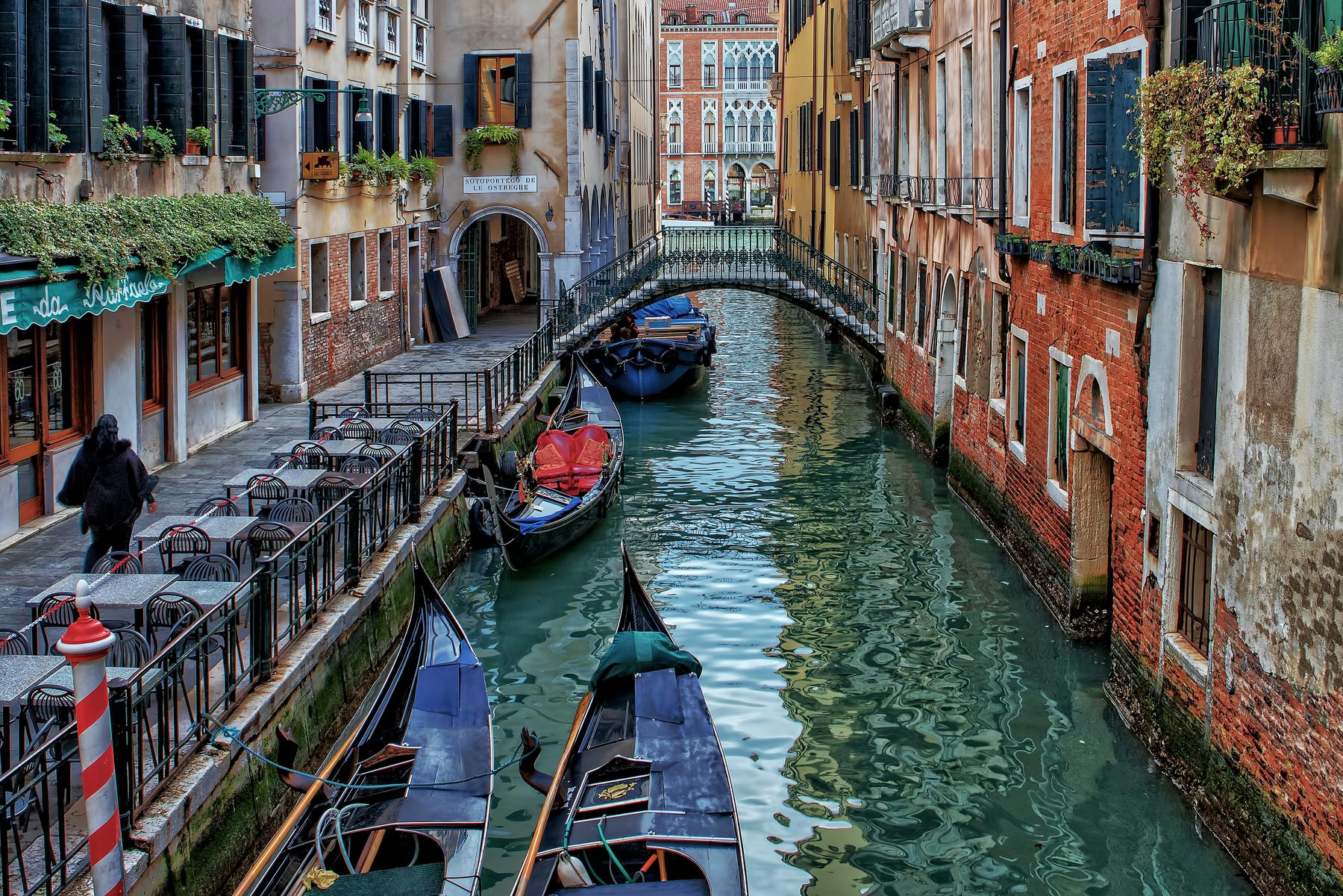 Canal de Venecia con góndolas y mesas de restaurante